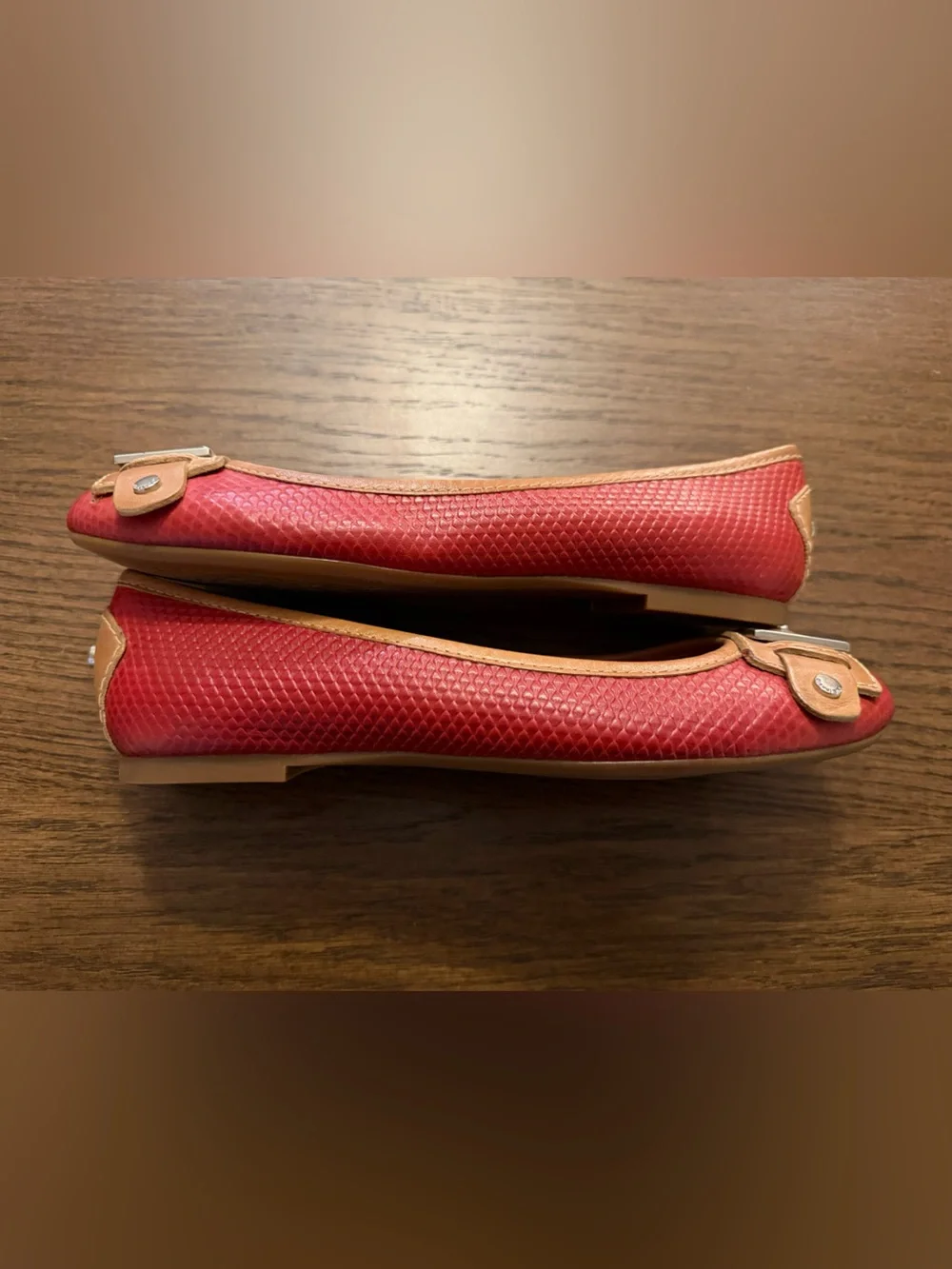 Gianni Bini Red Ballet Flats with Tan Trim and Silver Buckle